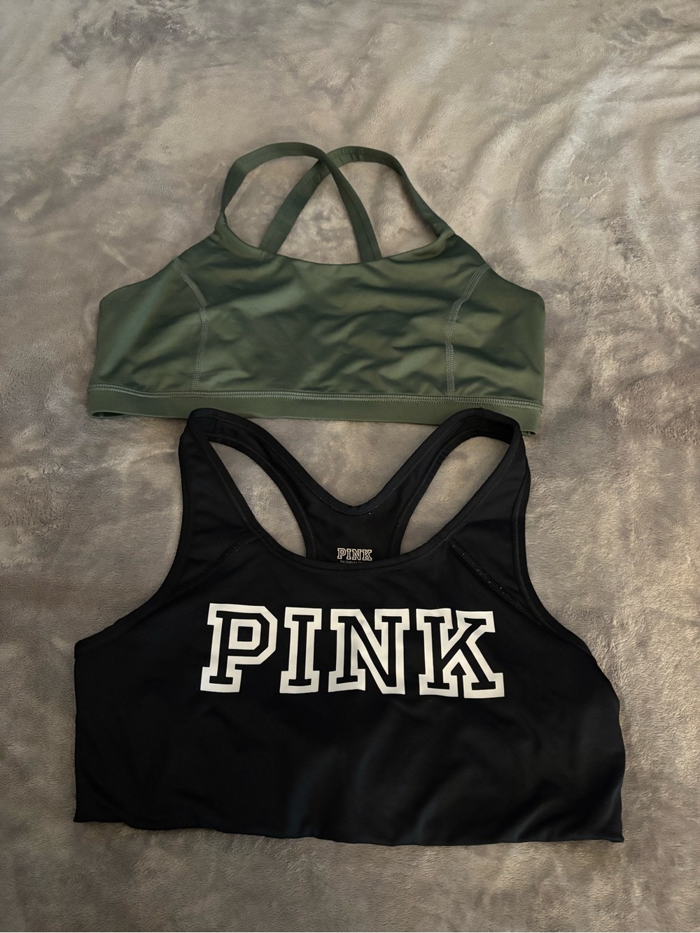 PINK Black Logo Sports Bra + Olive Green Strappy Sports Bra size L never worn